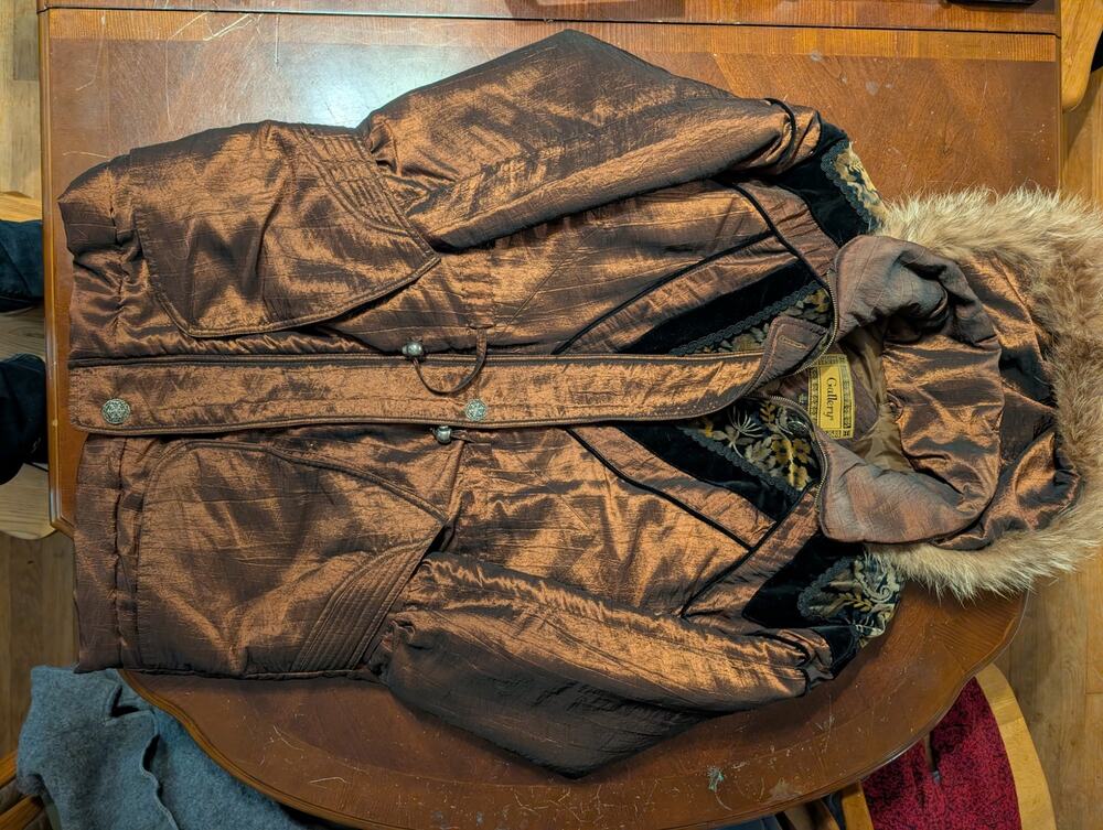Vintage Gallery Parka Coat Womens Small Metallic Bronze Faux Fur Hooded 80s